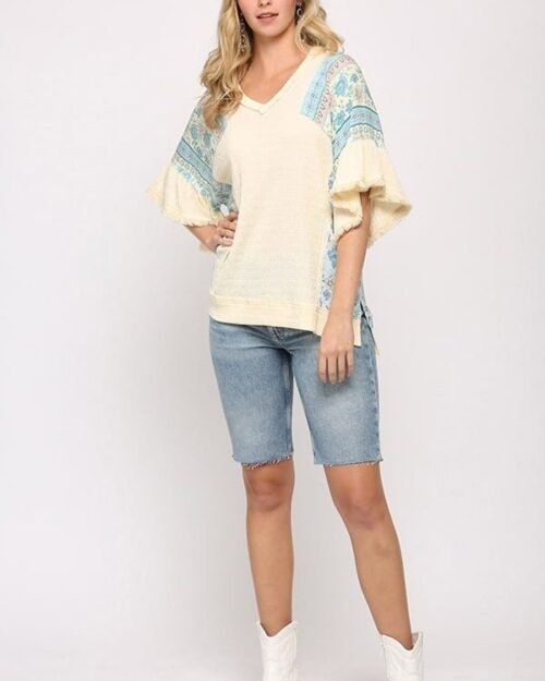 texture knit and print mixed hi low hem top