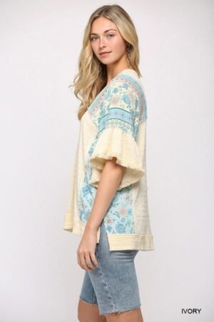 Texture Knit And Print Mixed Hi Low Hem Top Texture Knit And Print Mixed Hi Low Hem Top