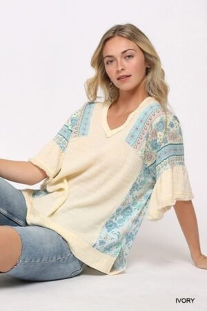 Texture Knit And Print Mixed Hi Low Hem Top Texture Knit And Print Mixed Hi Low Hem Top