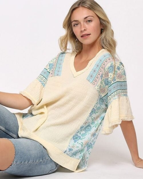 texture knit and print mixed hi low hem top