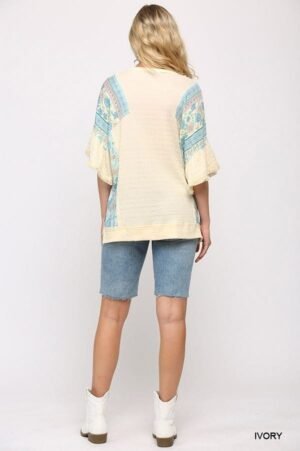 Texture Knit And Print Mixed Hi Low Hem Top Texture Knit And Print Mixed Hi Low Hem Top