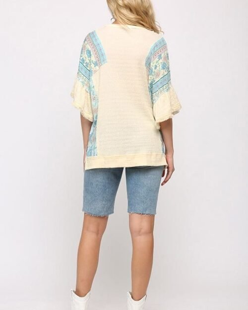 texture knit and print mixed hi low hem top