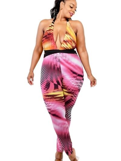 Plus Color Pattern Criss Cross Mock Neck Jumpsuit