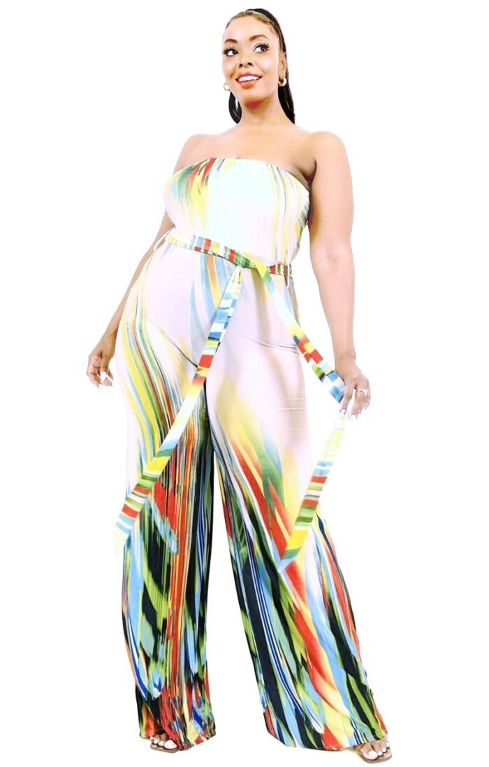 Plus Off Shoulder Color Brushed Tie Waist Jumpsuit - Image 1