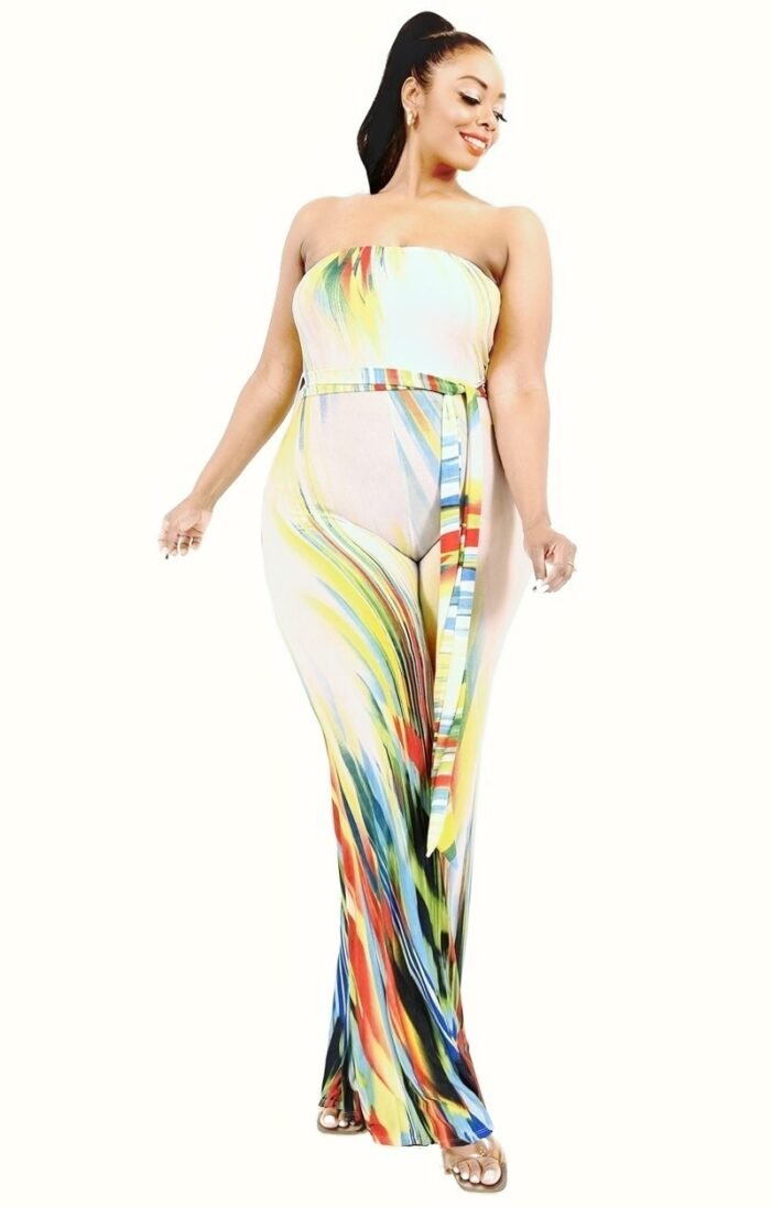 Plus Off Shoulder Color Brushed Tie Waist Jumpsuit - Image 2