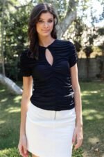 Mesh Ruched Cut-out Detail Short Sleeve Top - Image 11