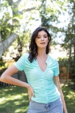 Mesh Ruched Cut-out Detail Short Sleeve Top - Image 9