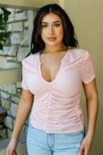 Mesh Ruched Cut-out Detail Short Sleeve Top - Image 4