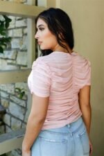 Mesh Ruched Cut-out Detail Short Sleeve Top - Image 7