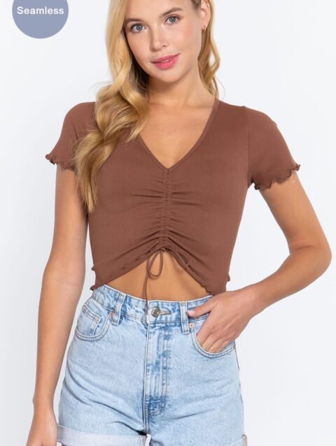 Ruched Lettuce Edge Seamless Rib Top