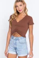 Ruched Lettuce Edge Seamless Rib Top - Image 3