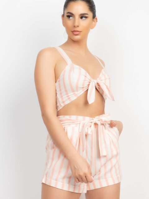 Tie-front Striped Crop Top & Belted Shorts Set