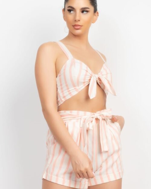Tie-front Striped Crop Top & Belted Shorts Set