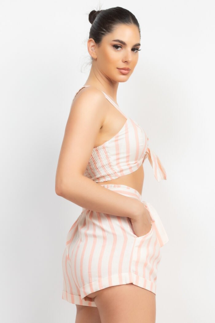 Tie-front striped crop top & belted shorts set