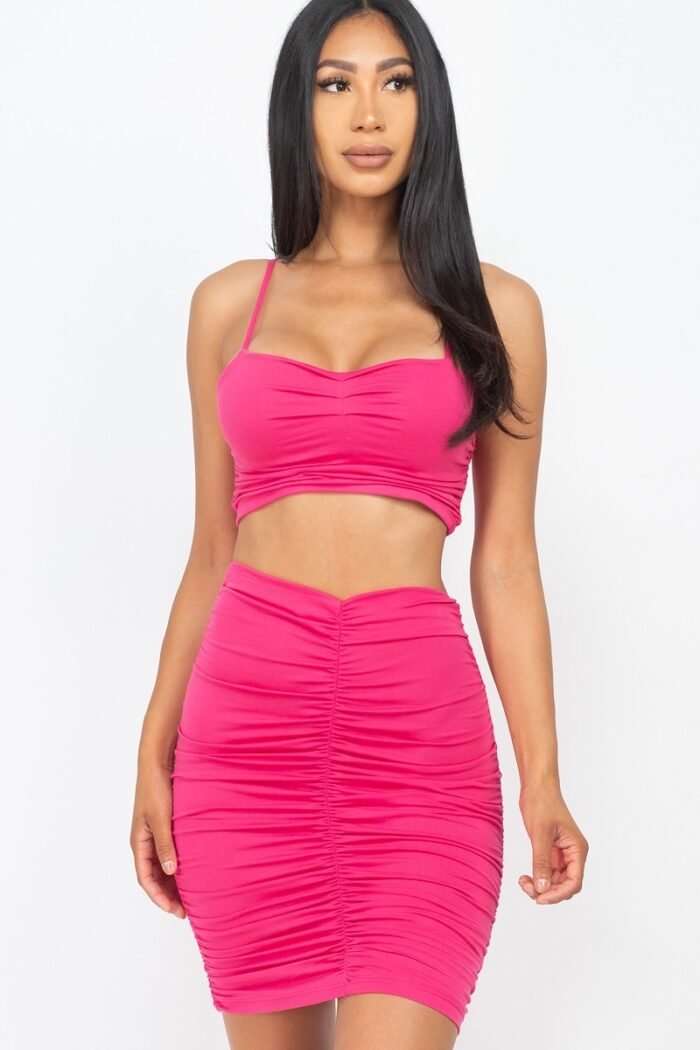 Ruched crop top and skirt sets