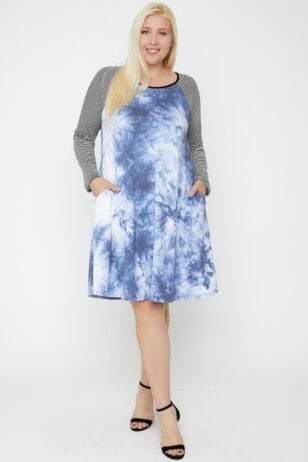 Plus size blue Round Neck Tie Dye Dress with round neck and striped raglan sleeves – USA made