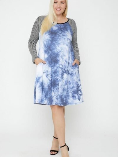 Plus size blue Round Neck Tie Dye Dress with round neck and striped raglan sleeves – USA made