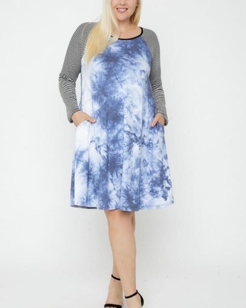 plus size blue round neck tie dye dress with round neck and striped raglan sleeves – usa made