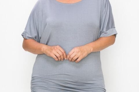 Short Sleeve Top Featuring A Round Neck And Ruched Sides