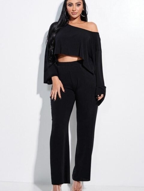 Solid French Terry Long Slouchy Long Sleeve Top And Pants With Pockets Two P…