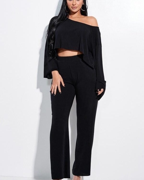 Solid French Terry Long Slouchy Long Sleeve Top And Pants With Pockets Two P…