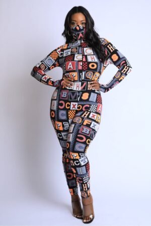 Alphabet graphic neon jumpsuit in burgundy multi – plus size one-piece with stretch jersey fabric and bold lettering print.