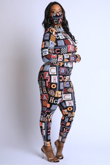 Alphabet graphic neon jumpsuit in burgundy multi – plus size one-piece with stretch jersey fabric and bold lettering print