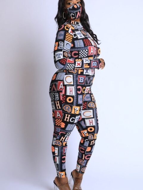 Alphabet graphic neon jumpsuit in burgundy multi – plus size one-piece with stretch jersey fabric and bold lettering print