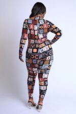 Alphabet graphic neon jumpsuit in burgundy multi – plus size one-piece with stretch jersey fabric and bold lettering print