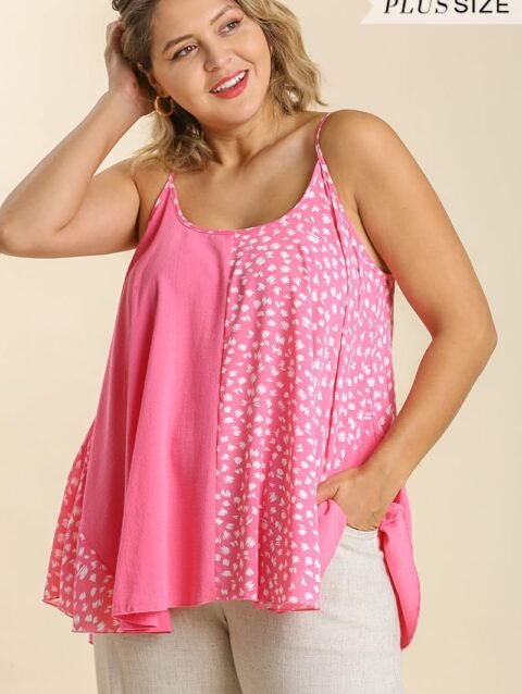 Linen Blend Mixed Animal Print Adjustable Spaghetti Strap Top