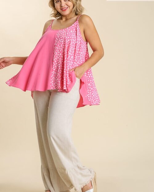 linen blend mixed animal print adjustable spaghetti strap top