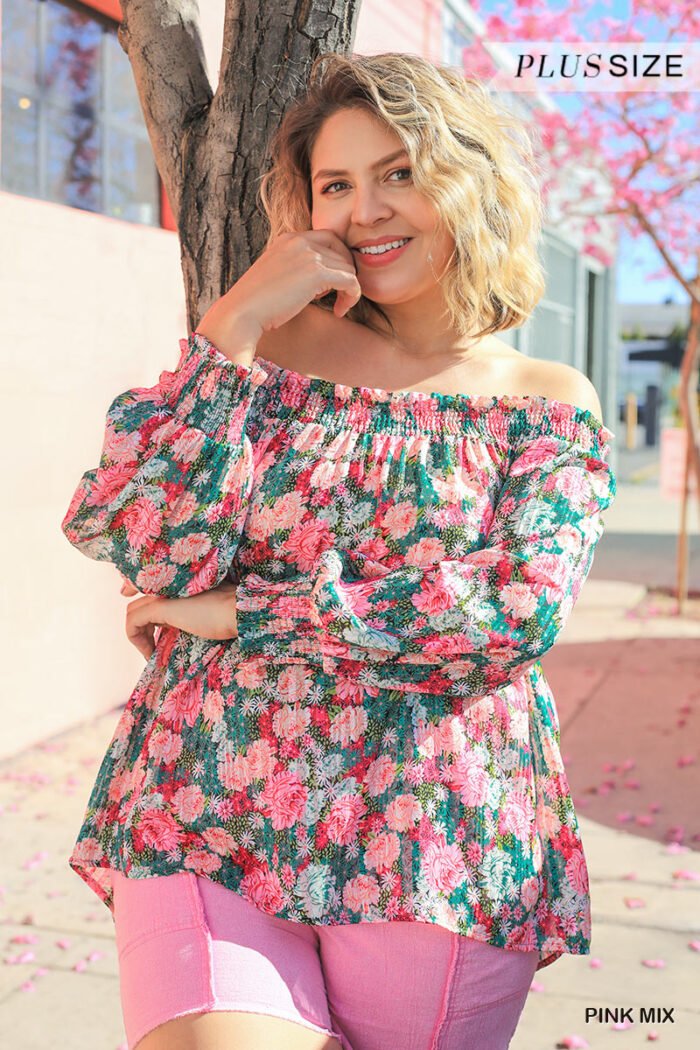 Sheer floral print metallic threading long sleeve off shoulder top with high...
