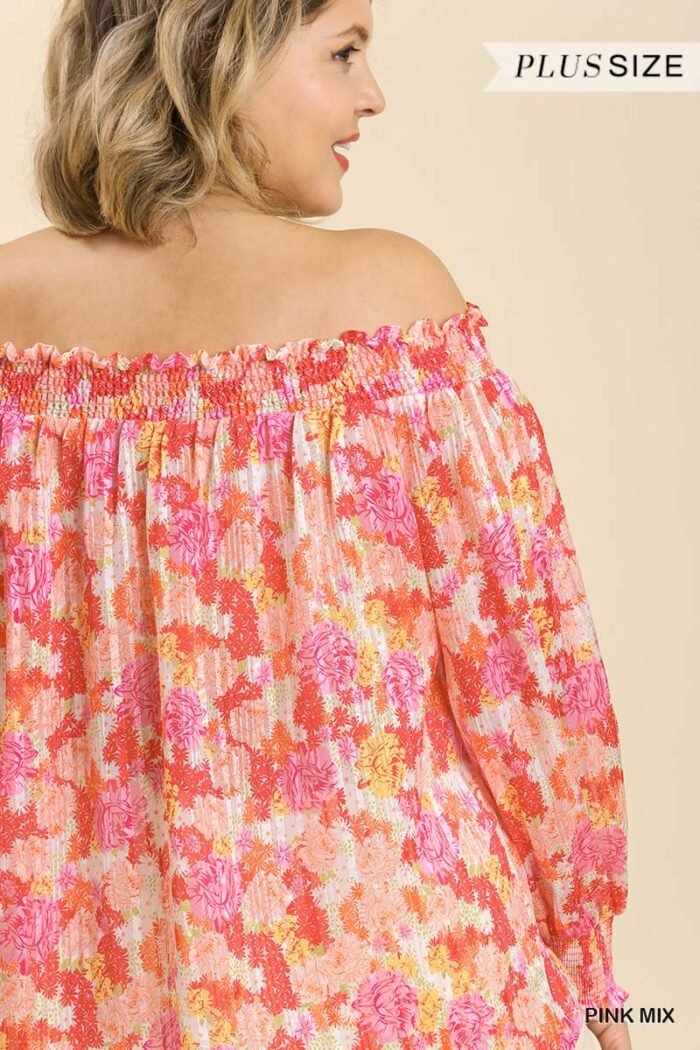 Sheer floral print metallic threading long sleeve off shoulder top with high...