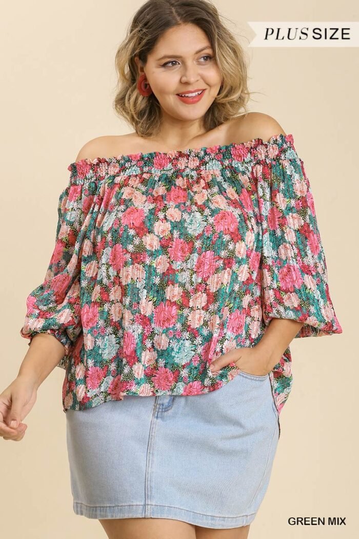 Sheer floral print metallic threading long sleeve off shoulder top with high...