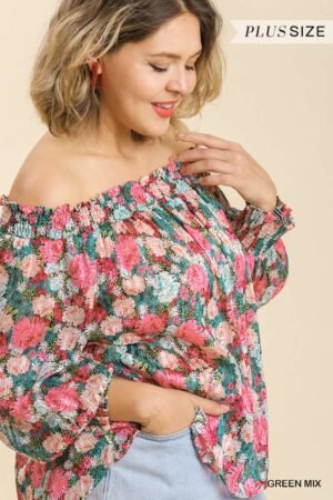 Sheer Floral Print Metallic Threading Long Sleeve Off Shoulder Top With High…