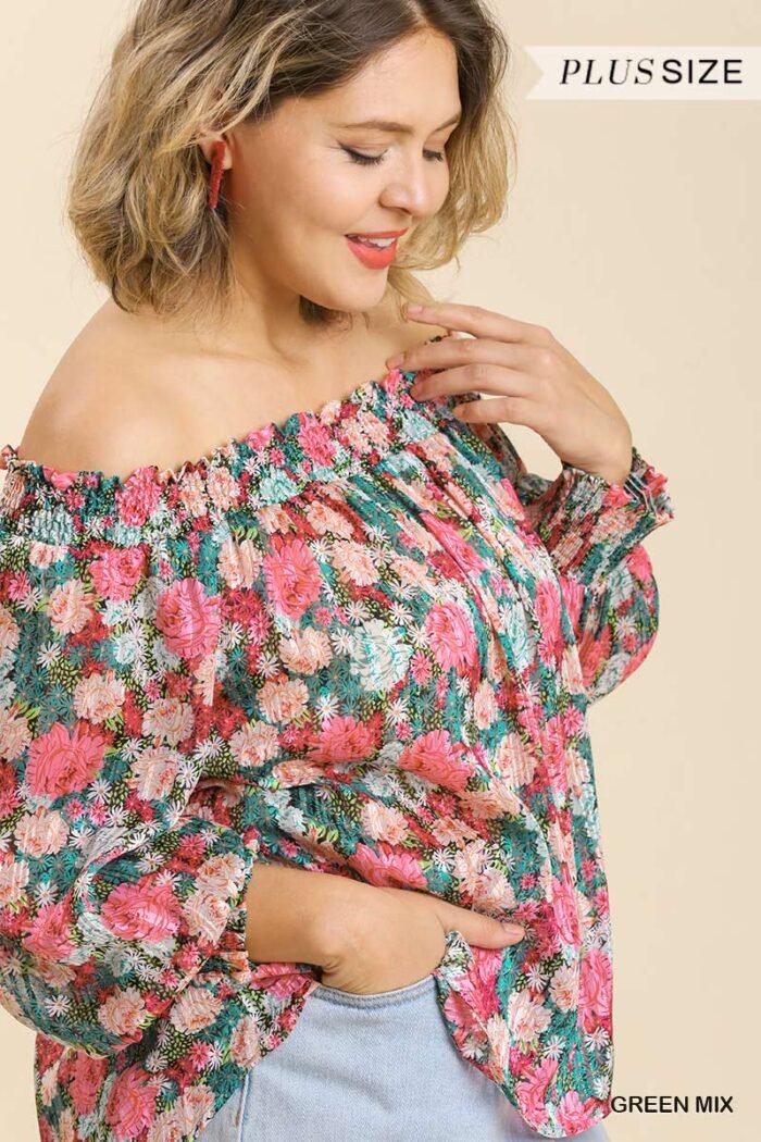 Sheer floral print metallic threading long sleeve off shoulder top with high...