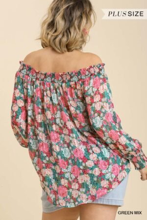 Sheer Floral Print Metallic Threading Long Sleeve Off Shoulder Top With High…