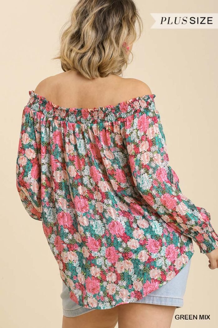Sheer floral print metallic threading long sleeve off shoulder top with high...