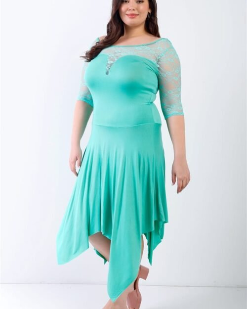 plus mint lace details handkerchief hem midi dress