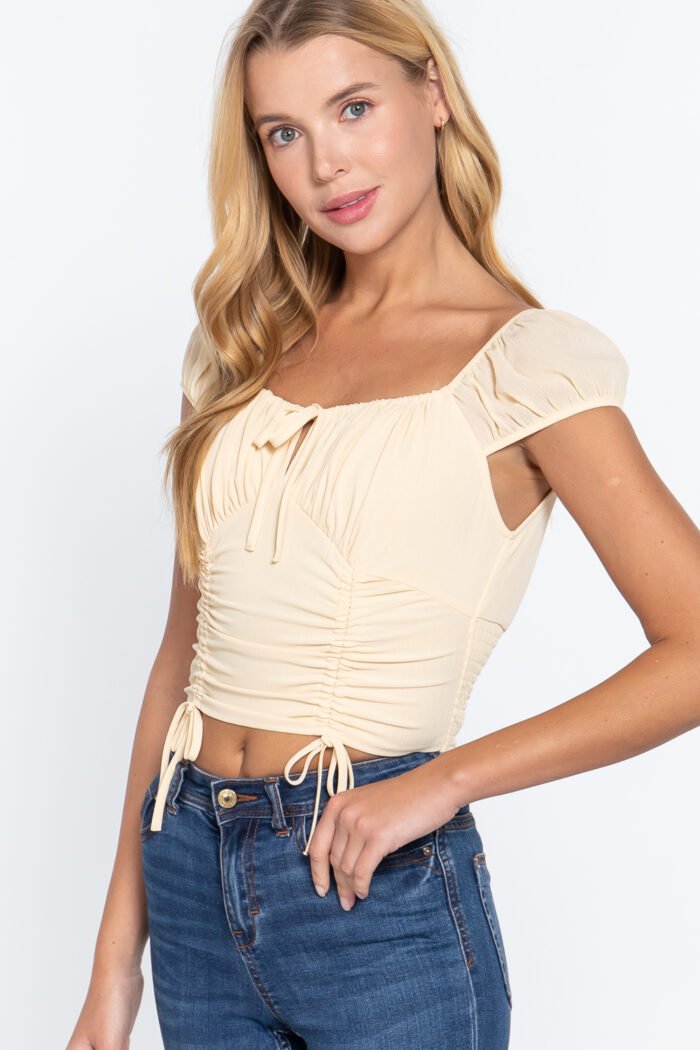 Short sleeve front tie ruched detail woven top