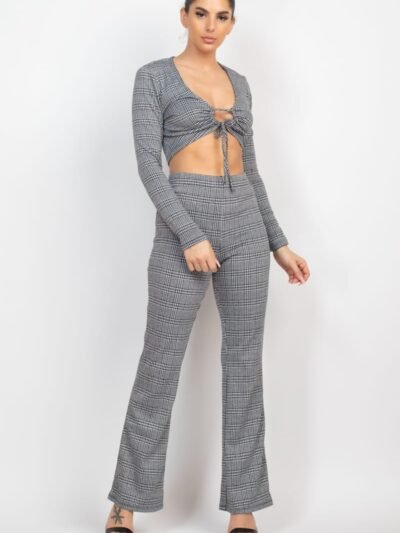 Plaid Cut-out Long Sleeve Top & Pants Set