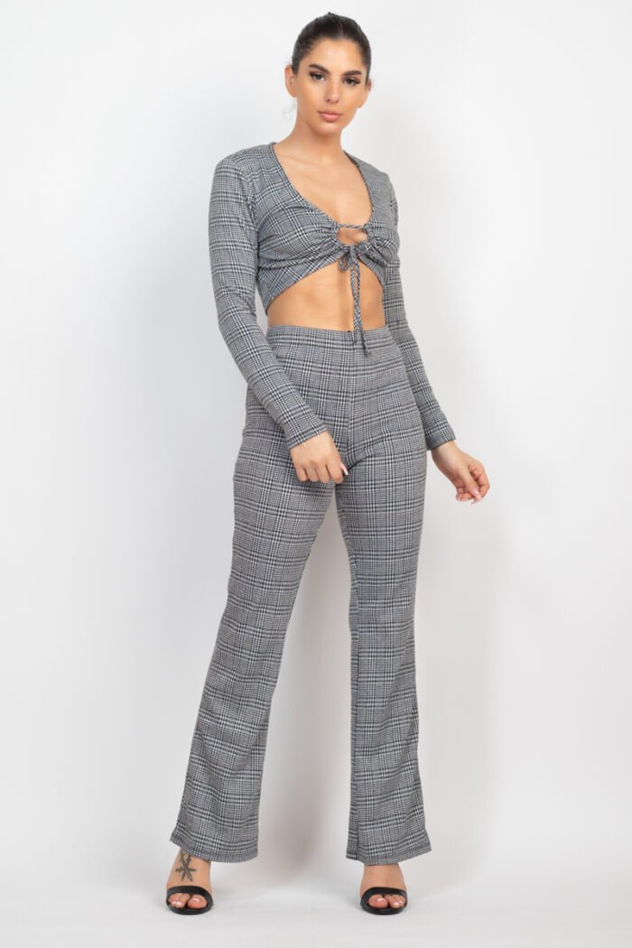 Plaid cut-out long sleeve top & pants set