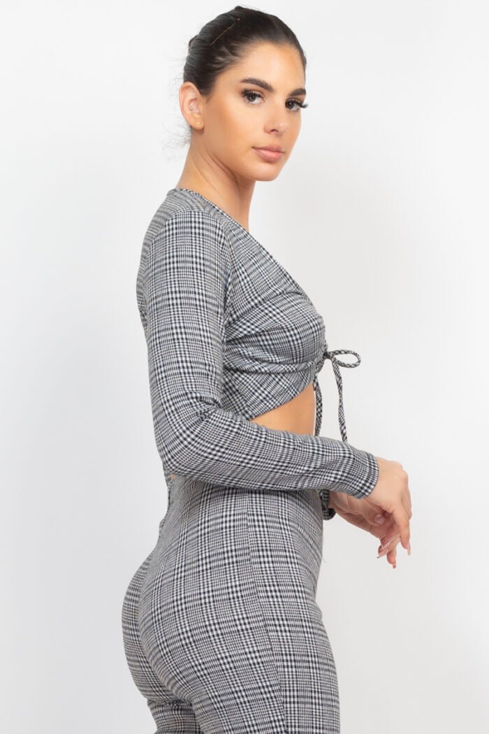 Plaid cut-out long sleeve top & pants set