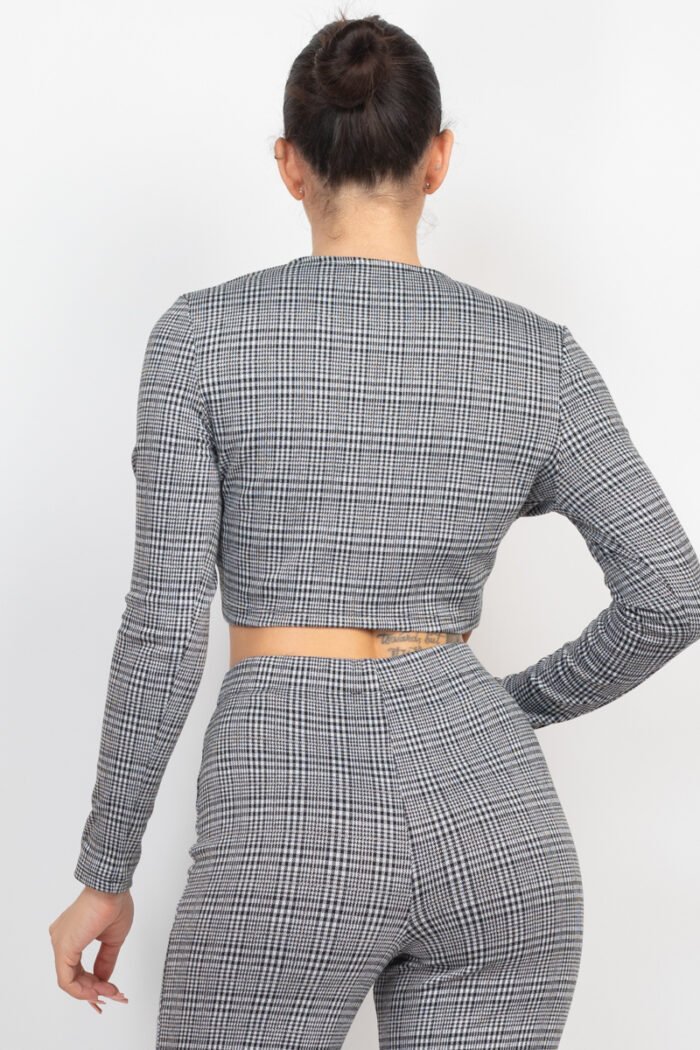 Plaid cut-out long sleeve top & pants set