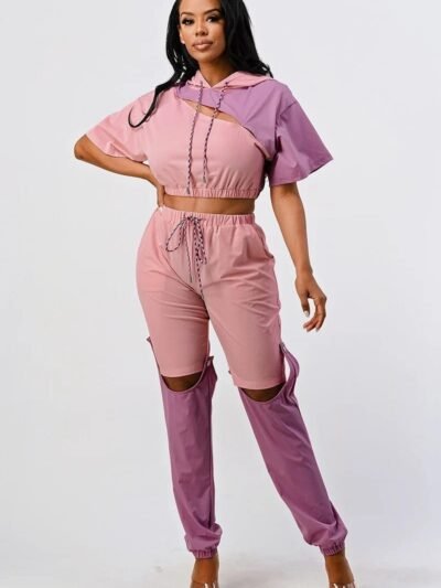Pants Set In Color Block With Hoodie And Detachable Bottom Part