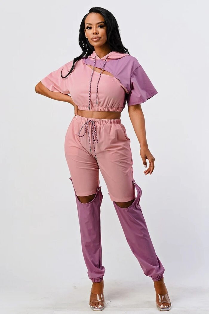 Pants set in color block with hoodie and detachable bottom part