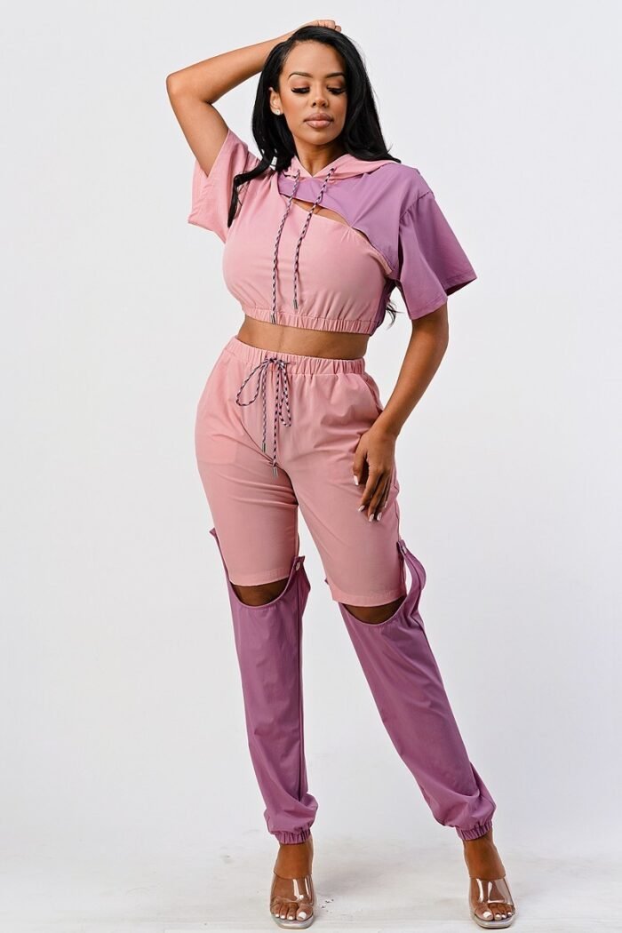 Pants set in color block with hoodie and detachable bottom part