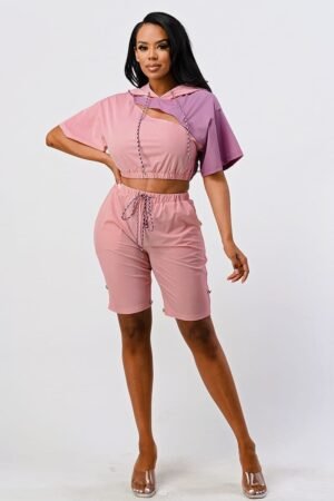 Pants Set In Color Block With Hoodie And Detachable Bottom Part Pants Set In Color Block With Hoodie And Detachable Bottom Part