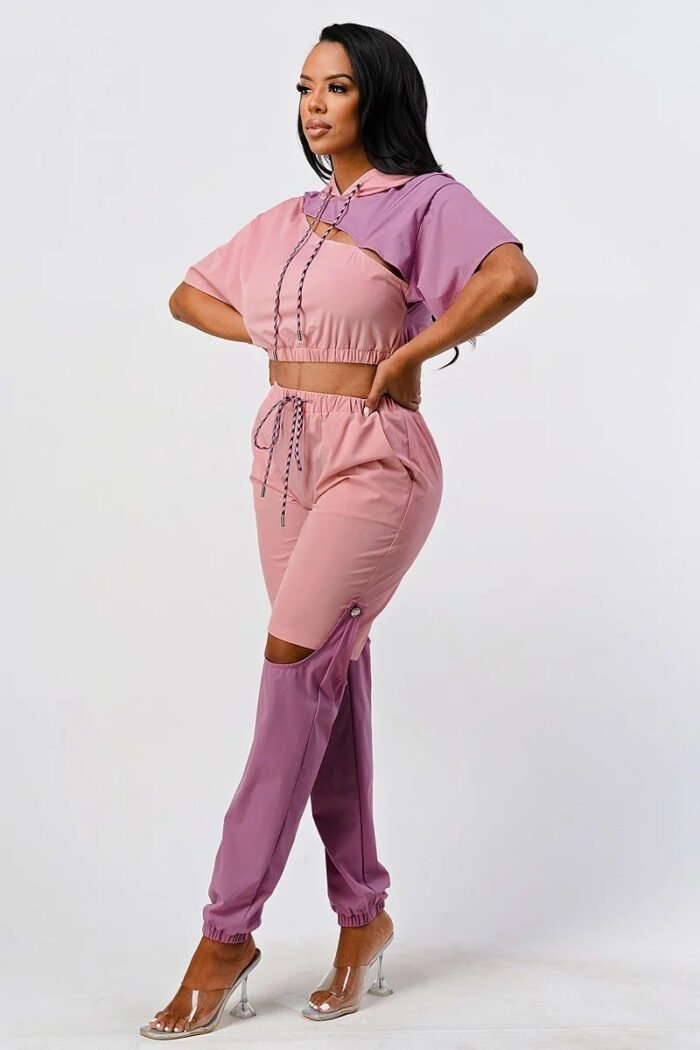 Pants set in color block with hoodie and detachable bottom part