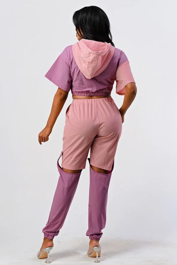 Pants set in color block with hoodie and detachable bottom part